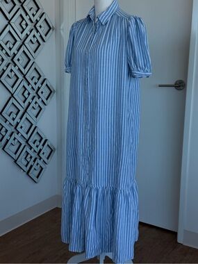 Blue and White Striped Button-Front Midi Dress